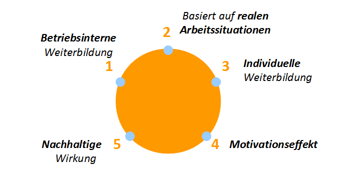 Diagramm der fünf Prinzipien, auf denen die Soufflearningmethode für betriebsinterne Weiterbildung basiert